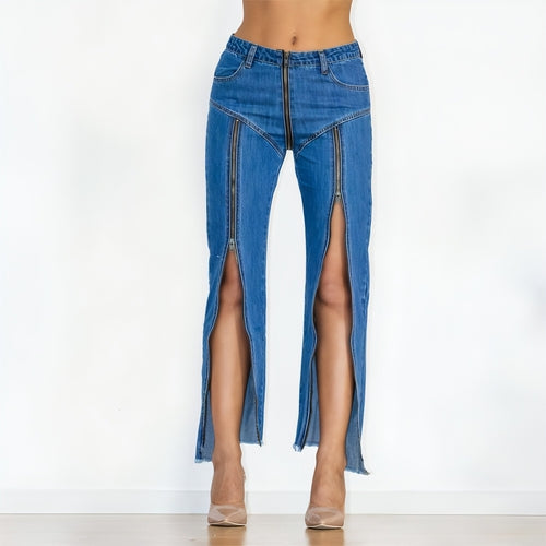 UrbanEase™ Women Zipper Jeans Women Unique Dark Blue Denim