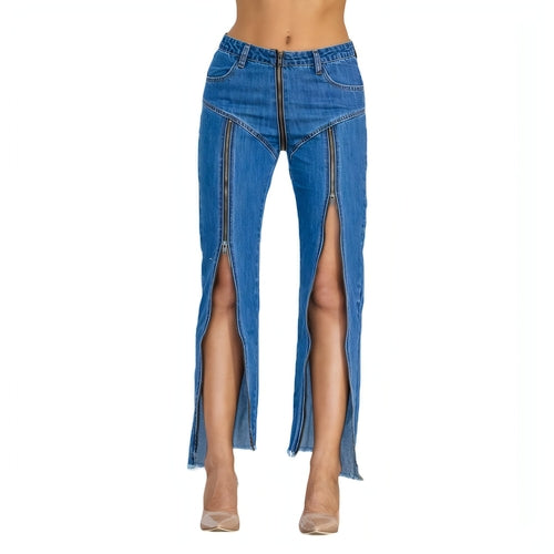 UrbanEase™ Women Zipper Jeans Women Unique Dark Blue Denim
