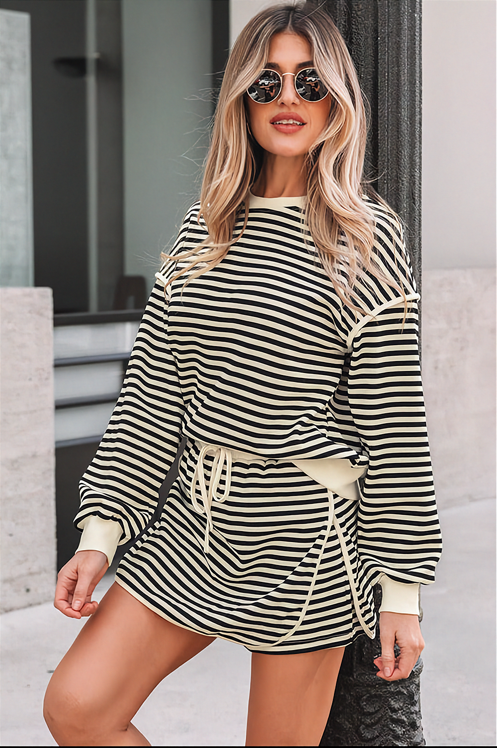 Stripe Textured Pullover Top and Mini Skirt Set